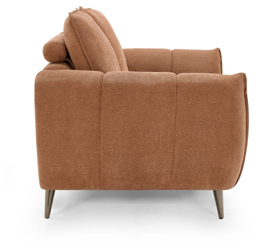 Bentley Designs terracotta fabric 2 seater sofa with cushion back and nickel legs, stylish and comfortable living room furniture.