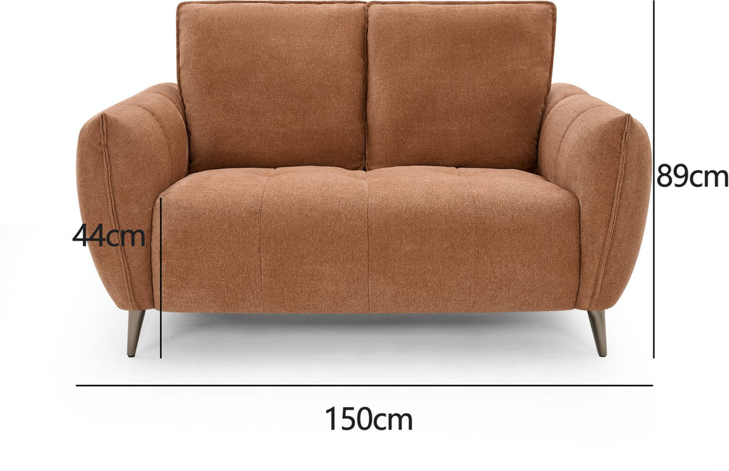 Bentley Designs terracotta fabric 2-seater sofa with cushion back and nickel legs, stylish and comfortable living room furniture.