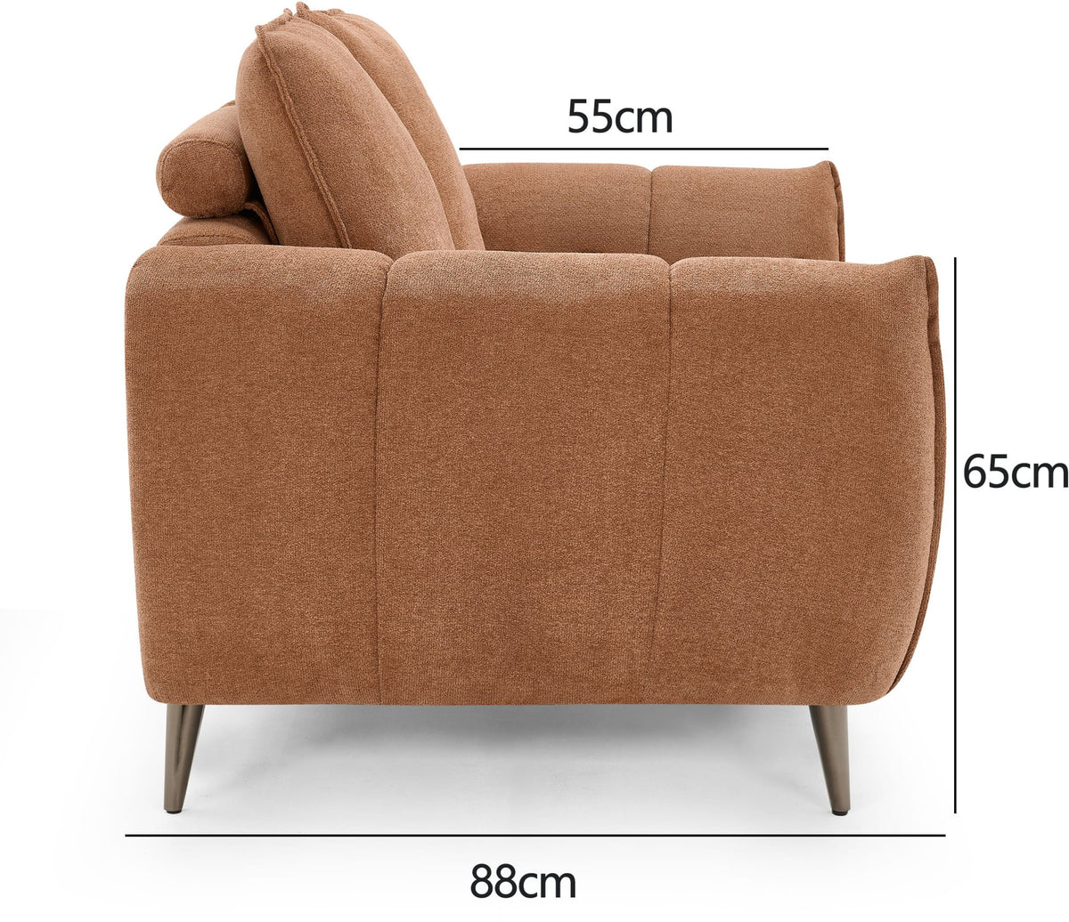 Bentley Designs terracotta fabric 2 seater sofa with cushion back and nickel legs, stylish and comfortable for living room seating.