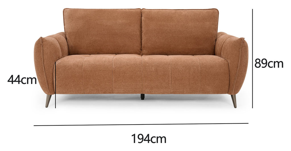 Bentley Designs terracotta fabric 3-seater sofa with cushion back and nickel legs, showcasing a modern living room setup