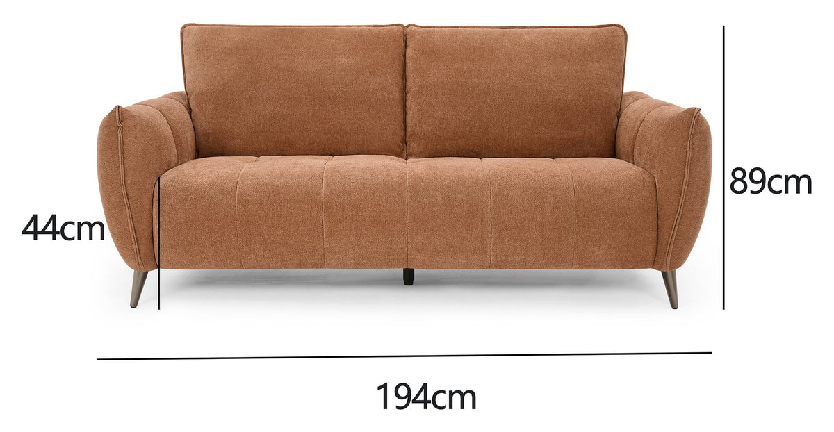 Bentley Designs terracotta fabric 3-seater sofa with cushion back and nickel legs, showcasing a modern living room setup