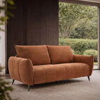 Bentley Designs terracotta fabric 3-seater sofa with cushion back and nickel legs, showcasing stylish and comfortable seating.