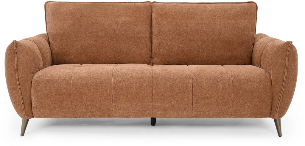 Bentley Designs terracotta fabric 3 seater sofa with cushion back and nickel legs, showcasing a stylish living room setup.
