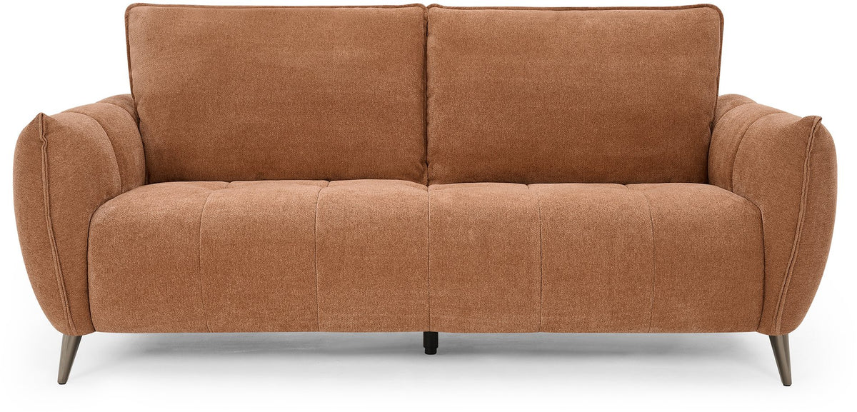 Bentley Designs terracotta fabric 3 seater sofa with cushion back and nickel legs, showcasing a stylish living room setup.