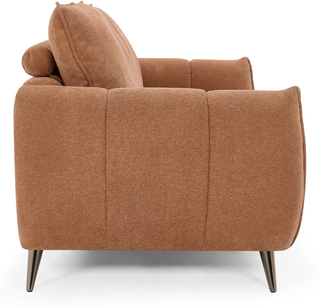 Bentley Designs terracotta fabric 3-seater sofa with cushion back and nickel legs, stylish and comfortable living room furniture.