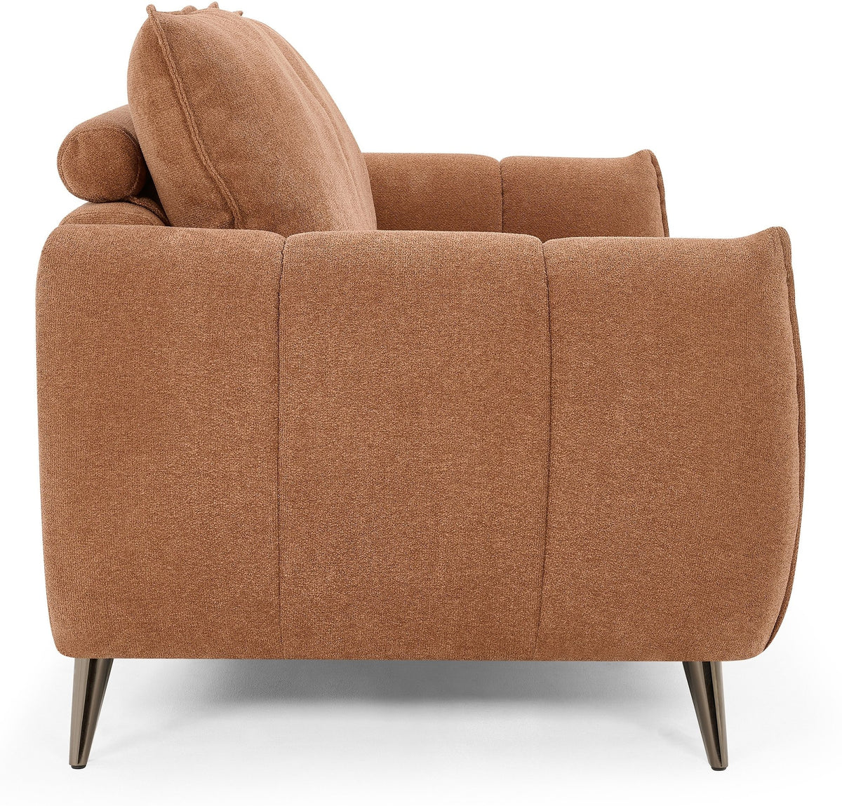 Bentley Designs terracotta fabric 3-seater sofa with cushion back and nickel legs, stylish and comfortable living room furniture.