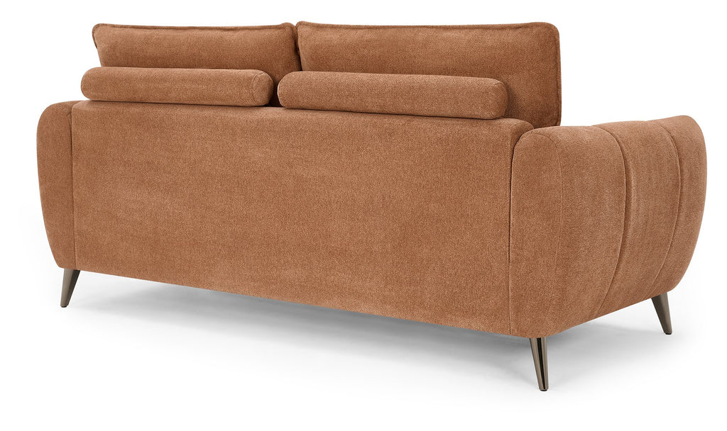 Bentley Designs terracotta fabric 3 seater sofa with cushion back and nickel legs, stylish and comfortable living room furniture.