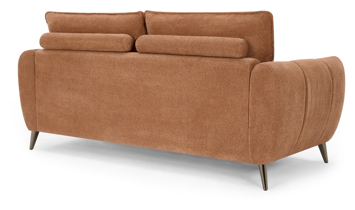 Bentley Designs terracotta fabric 3 seater sofa with cushion back and nickel legs, stylish and comfortable living room furniture.