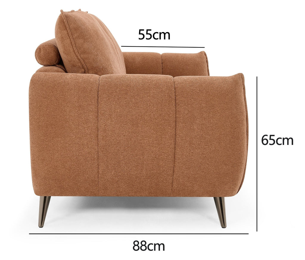 Bentley Designs terracotta fabric 3 seater sofa with cushion back and nickel legs, showcasing a spacious and stylish living room piece.