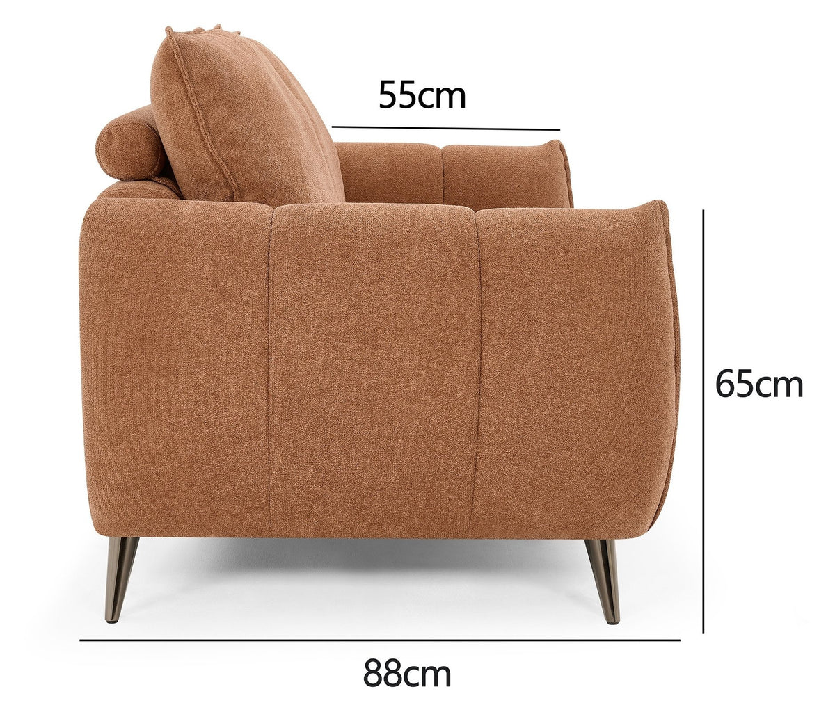 Bentley Designs terracotta fabric 3 seater sofa with cushion back and nickel legs, showcasing a spacious and stylish living room piece.