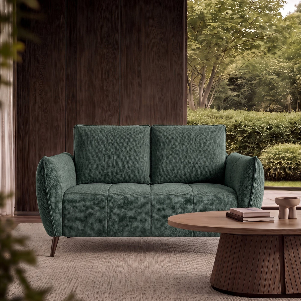 Mint green fabric 2-seater sofa with cushion back and nickel legs by Bentley Designs, showcasing a modern, cozy living room setting.