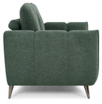 Mint green fabric 2 seater sofa with cushion back and nickel legs by Bentley Designs, shown from a front angle.