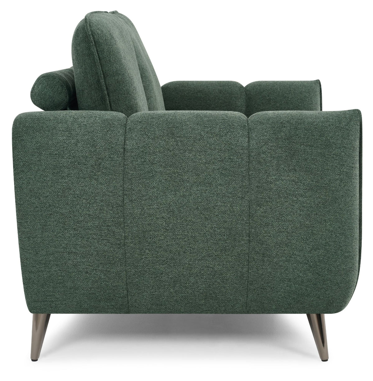 Mint green fabric 2 seater sofa with cushion back and nickel legs by Bentley Designs, shown from a front angle.