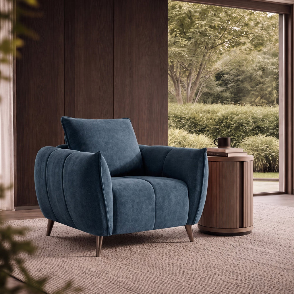 Teal blue fabric armchair with back cushion, nickel legs, modern lounge chair by Bentley Designs, cozy and stylish seating.