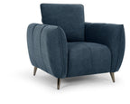 Teal blue fabric armchair with cushion back and nickel legs, modern lounge chair by Bentley Designs.