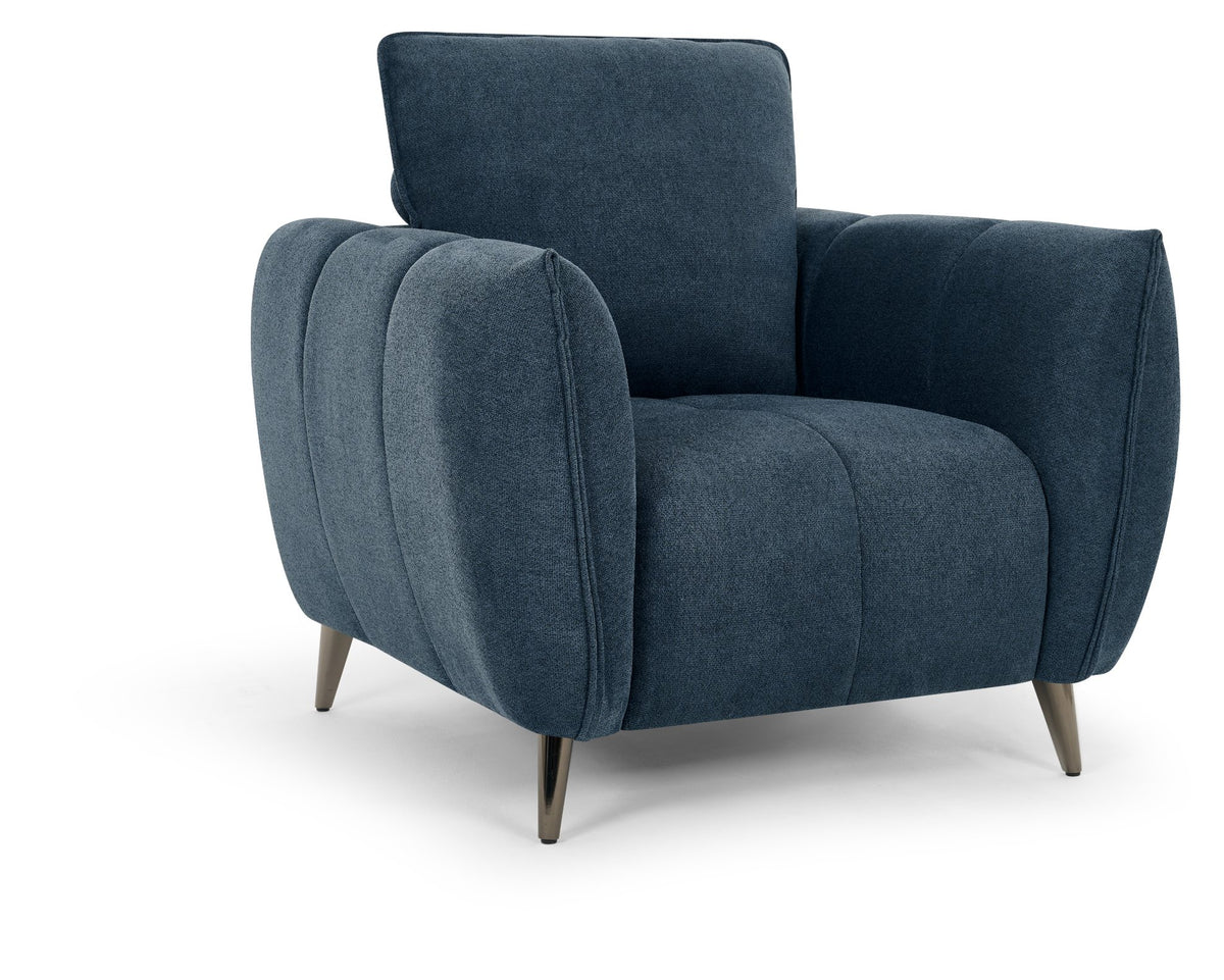 Teal blue fabric armchair with cushion back and nickel legs, modern lounge chair by Bentley Designs.