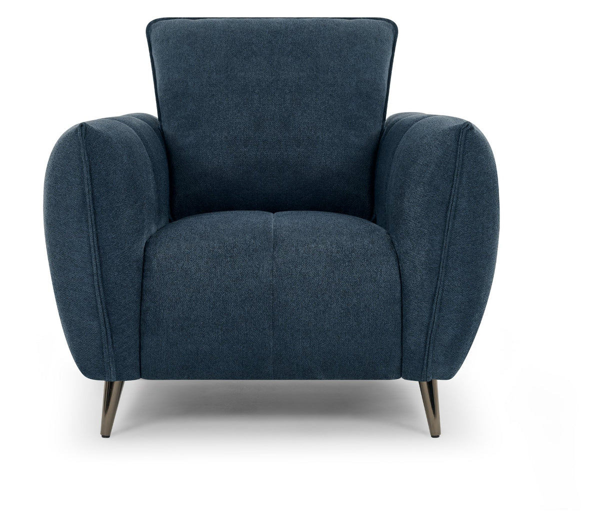 Teal blue fabric armchair with cushioned back and seat, nickel legs, Bentley Designs lounge chair for living room or lounge space.