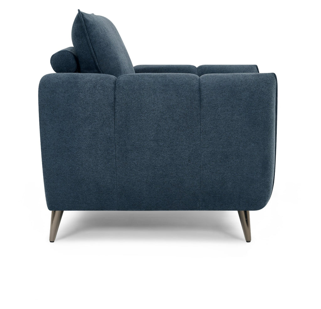 Teal blue fabric armchair with cushion back and nickel legs, Bentley Designs lounge chair for living room seating.
