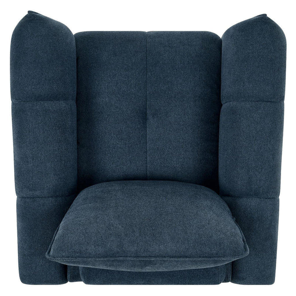 Teal blue fabric armchair with cushion back and nickel legs, Bentley Designs lounge chair for living room comfort.
