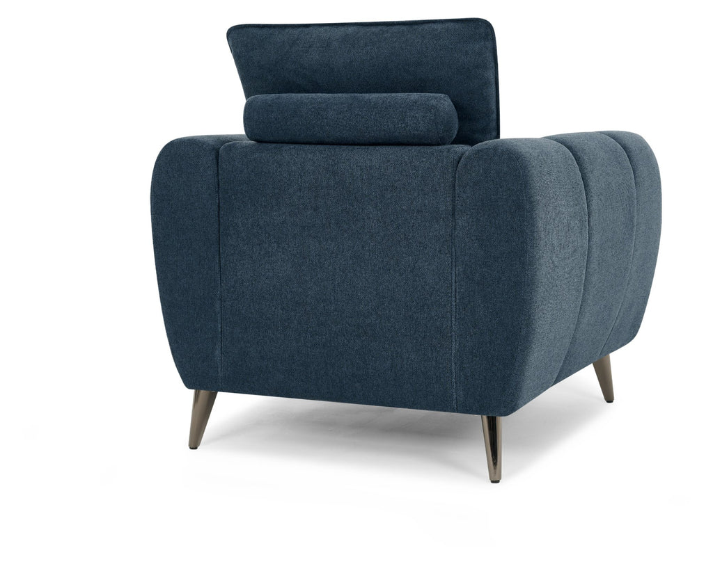 Teal blue fabric armchair with cushion back and nickel legs, Bentley Designs lounge chair for modern living spaces.