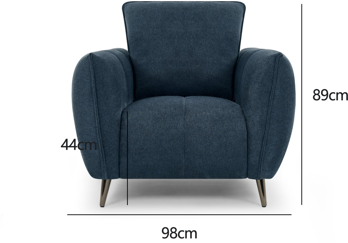 Teal blue fabric armchair with cushion back and nickel legs, Bentley Designs lounge chair for stylish comfort.