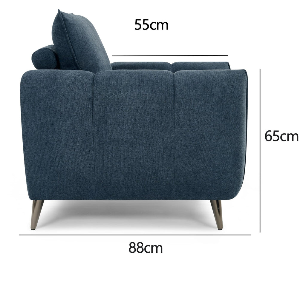 Teal blue fabric armchair with cushion back, nickel legs, designed for lounge and easy chair comfort by Bentley Designs.