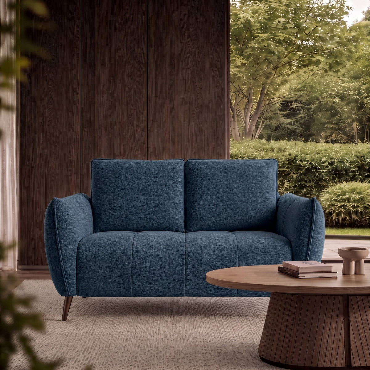 Bentley Designs teal fabric 2-seater sofa with cushion back and nickel legs, ideal for a modern living room.