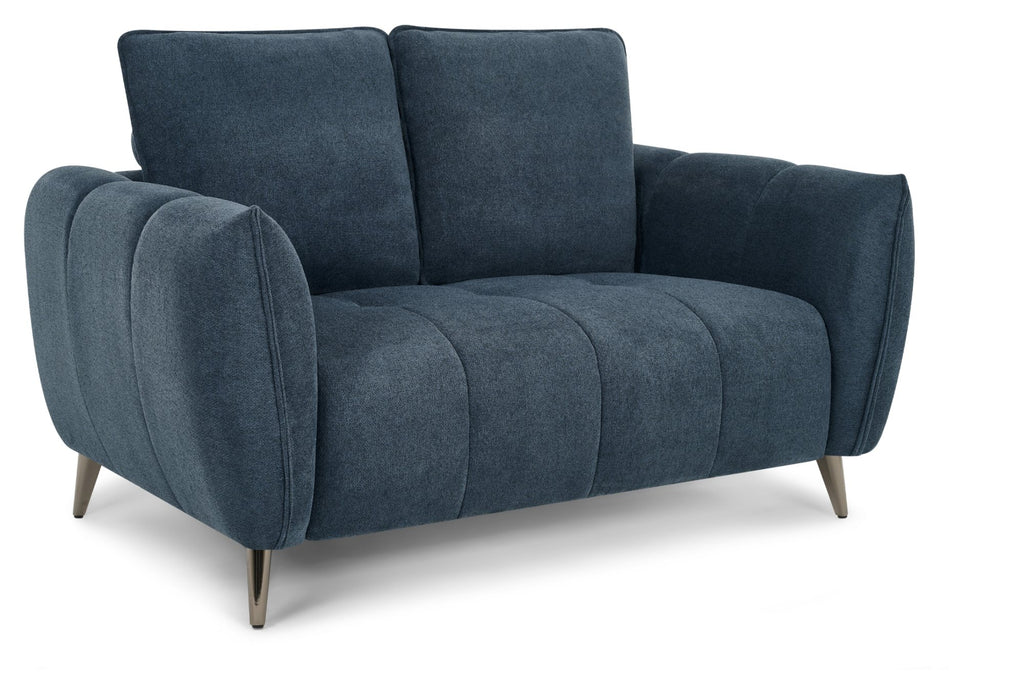 Bentley Designs teal fabric 2 seater sofa with cushion back and nickel legs, stylish and comfortable living room furniture.