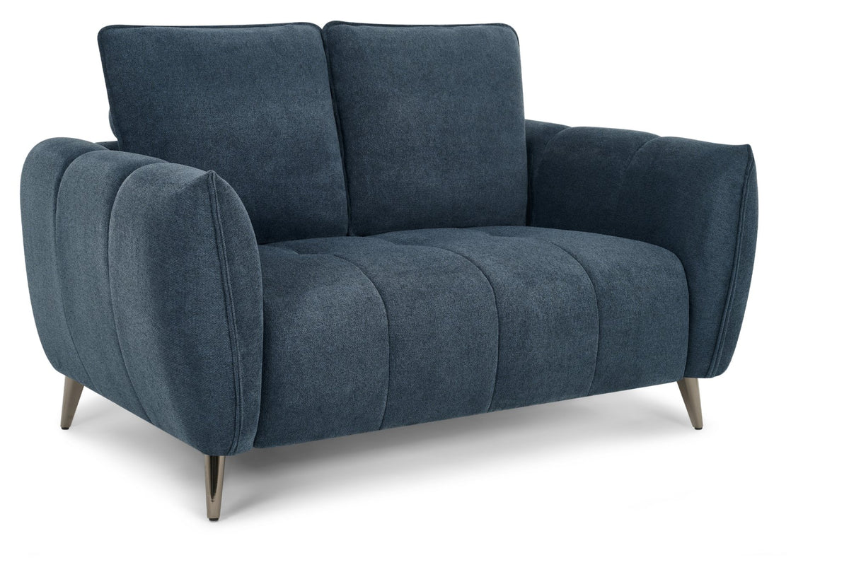 Bentley Designs teal fabric 2 seater sofa with cushion back and nickel legs, stylish and comfortable living room furniture.
