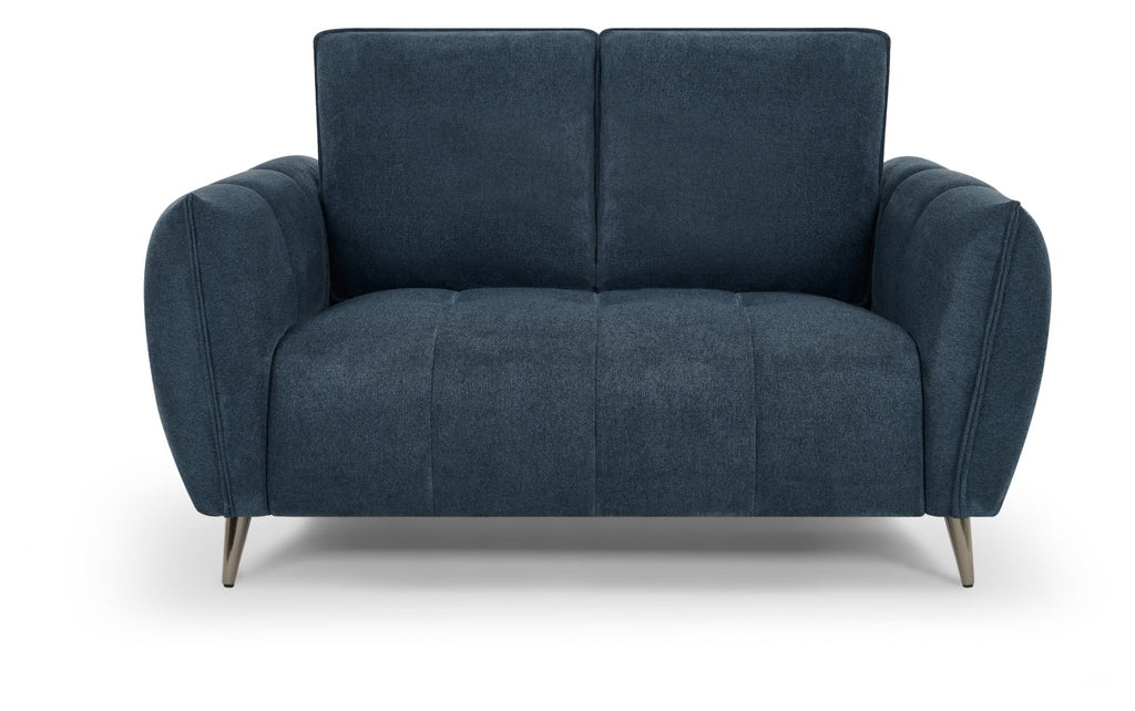 Bentley Designs teal fabric 2-seater sofa with cushion back and nickel legs, ideal for modern living rooms.