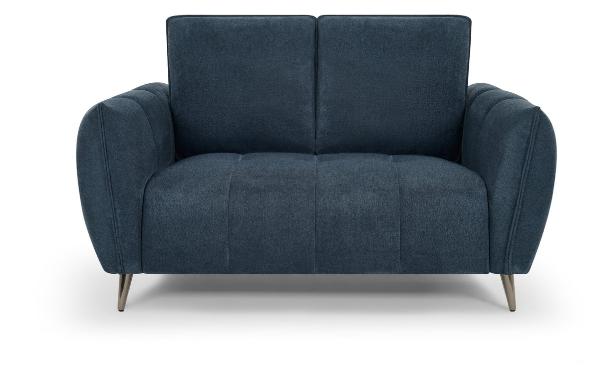 Bentley Designs teal fabric 2-seater sofa with cushion back and nickel legs, ideal for modern living rooms.