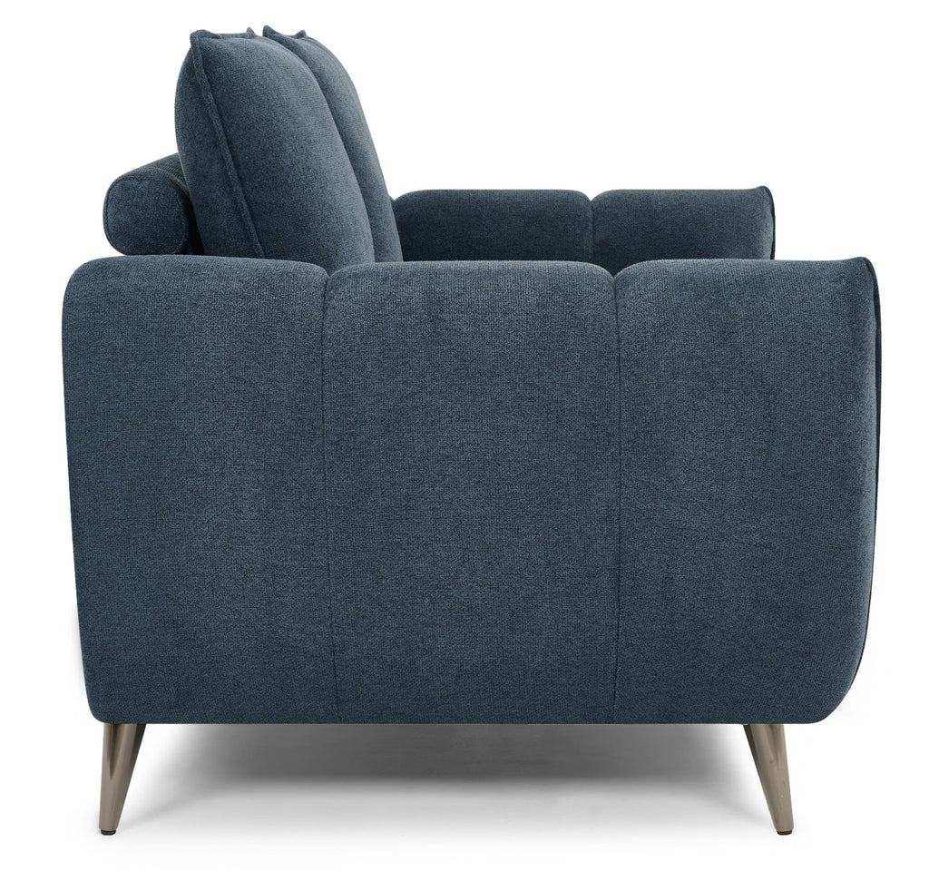 Bentley Designs teal fabric 2-seater sofa with cushion back and nickel legs, showcasing a stylish and comfortable living room piece.