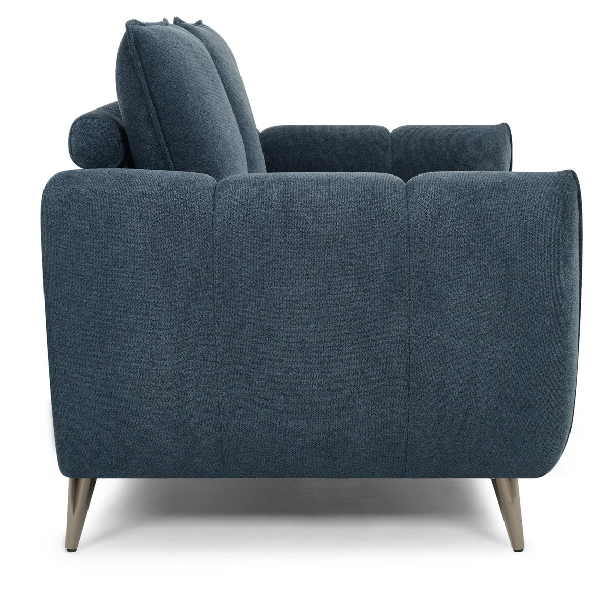 Bentley Designs teal fabric 2-seater sofa with cushion back and nickel legs, showcasing a stylish and comfortable living room piece.
