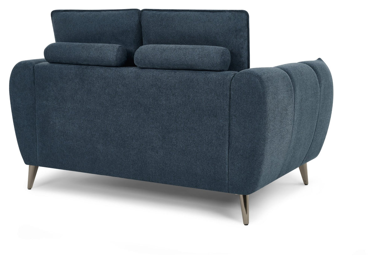 Bentley Designs teal fabric 2-seater sofa with cushion back and nickel legs, showcasing a modern and comfortable seating option.
