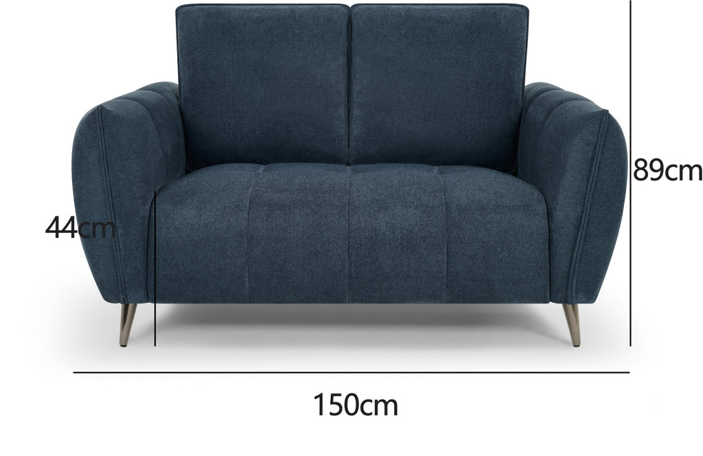 Bentley Designs teal fabric 2 seater sofa with cushion back and nickel legs, stylish and comfortable living room furniture.
