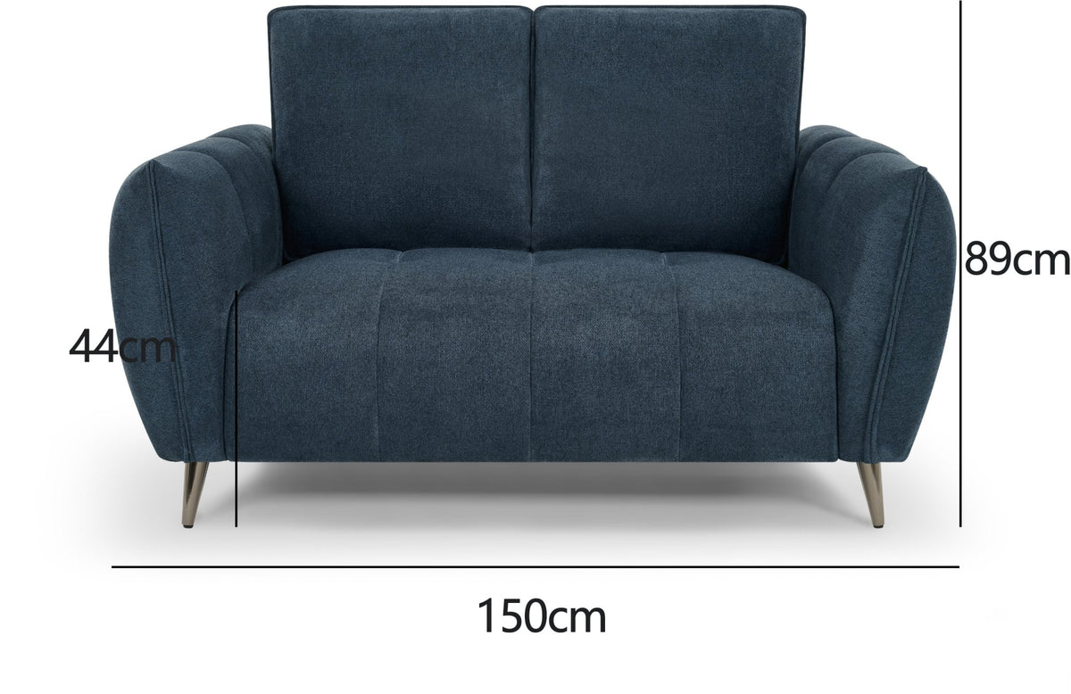 Bentley Designs teal fabric 2 seater sofa with cushion back and nickel legs, stylish and comfortable living room furniture.