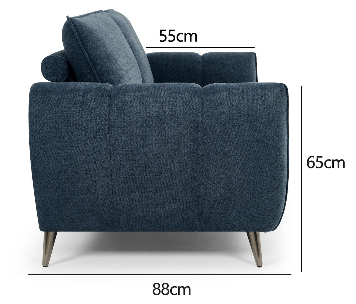 Bentley Designs teal fabric 3 seater sofa with cushion back and nickel legs, showcasing modern living room furniture.