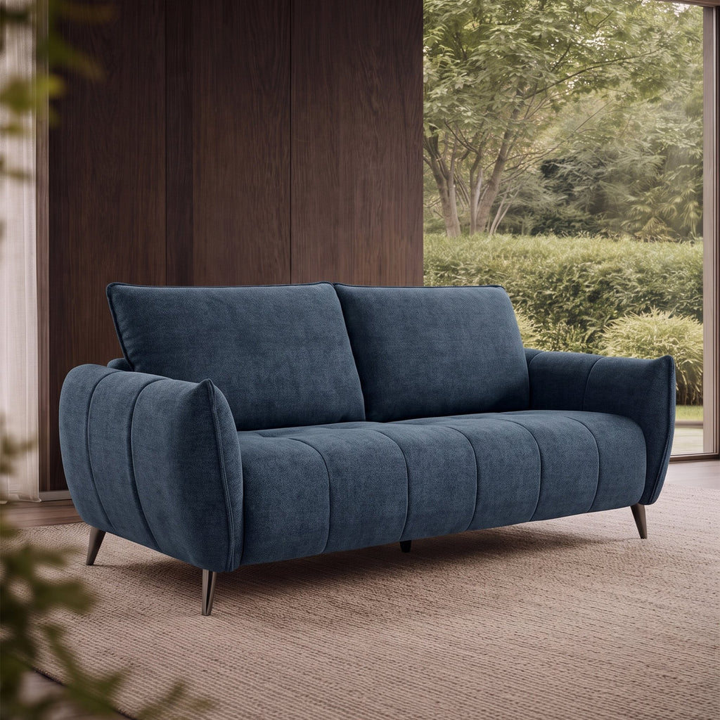 Bentley Designs teal fabric 3 seater sofa with cushion back and nickel legs, showcasing a modern, comfortable living room seating option.