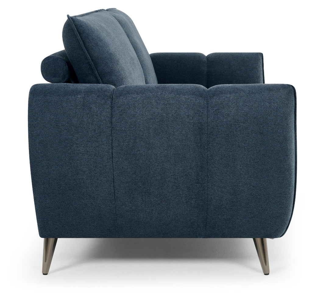 Bentley Designs teal fabric 3-seater sofa with cushion back and nickel legs, showcasing a modern, comfortable living room piece.