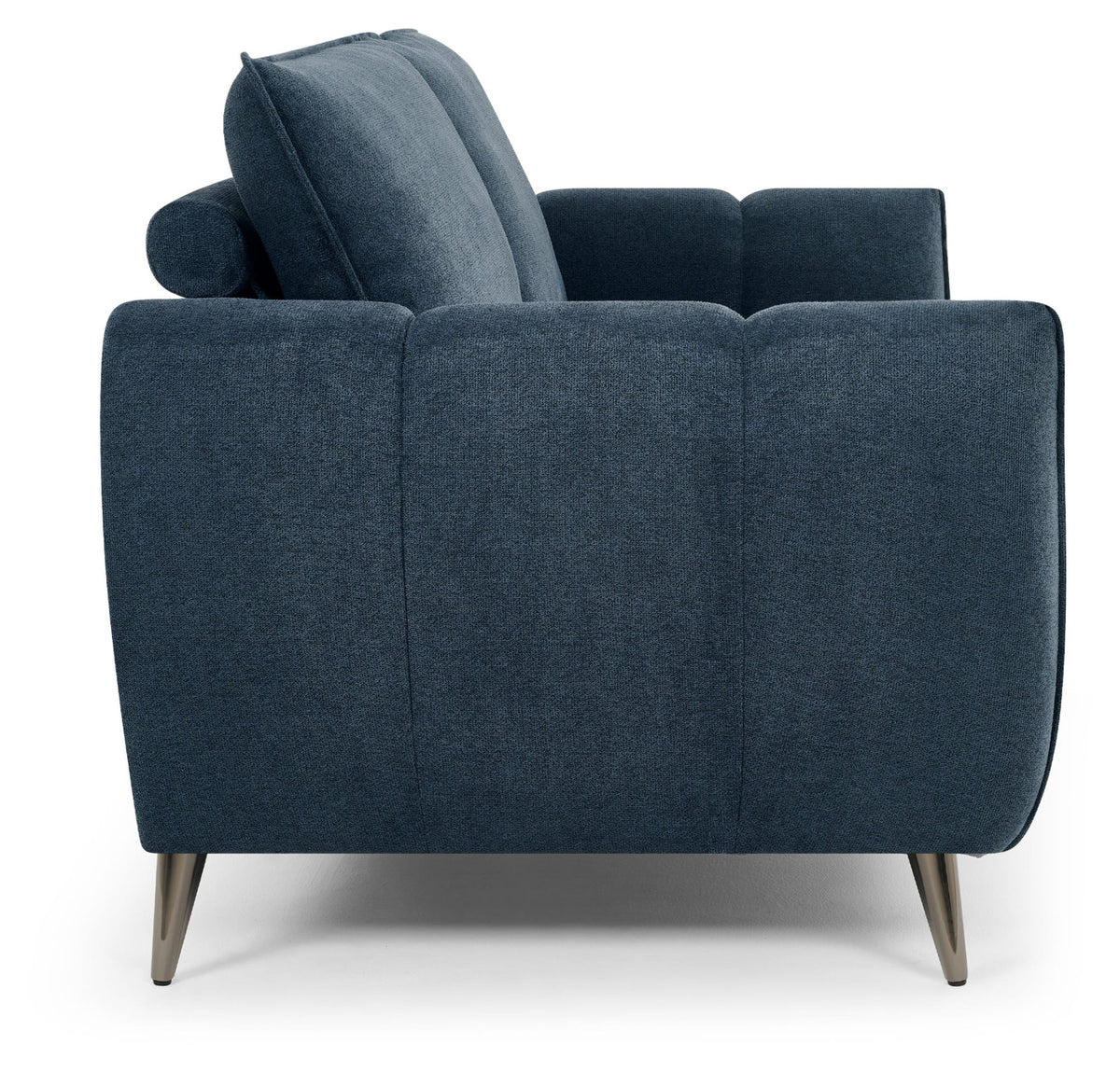 Bentley Designs teal fabric 3-seater sofa with cushion back and nickel legs, showcasing a modern, comfortable living room piece.