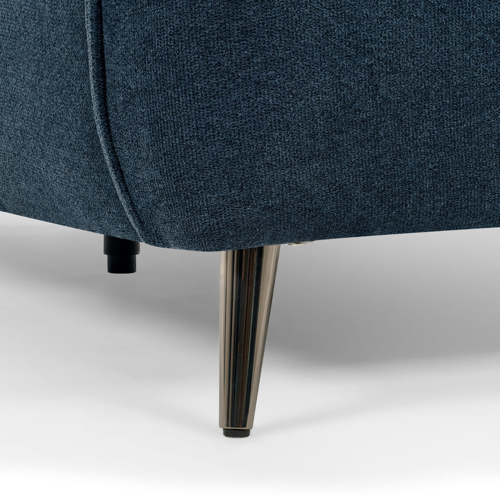 Bentley Designs teal fabric 3 seater sofa with cushion back and nickel legs, showcasing a modern, comfortable living room piece.