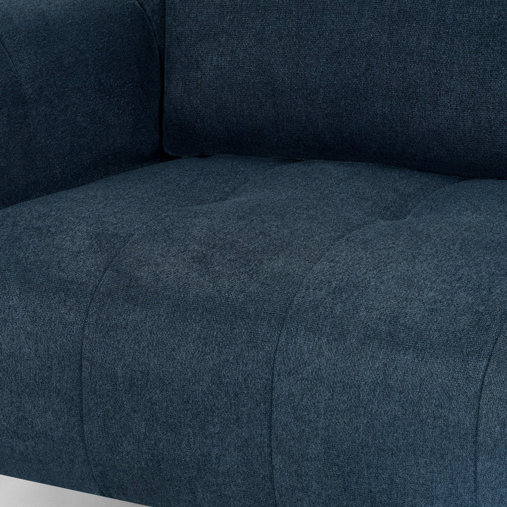 Bentley Designs teal fabric 3-seater sofa with cushion back and nickel legs, showcasing a comfortable, modern living room piece.