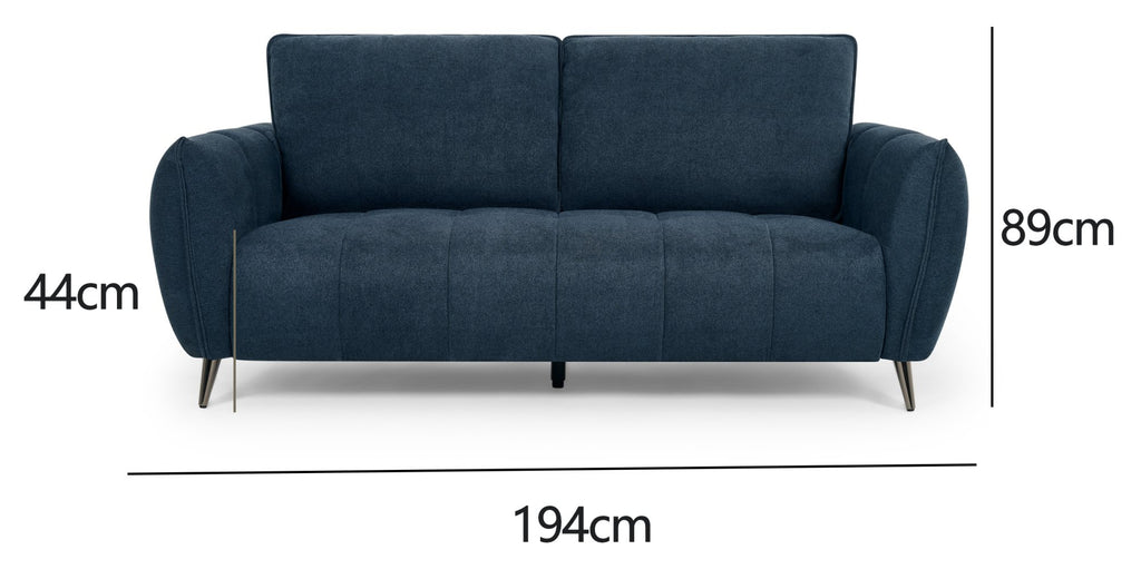 Bentley Designs teal fabric 3 seater sofa with cushion back and nickel legs, stylish and comfortable living room furniture.