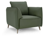 Green leather armchair with cushion back and nickel legs, Bentley Designs lounge chair featuring a stylish and comfortable design.