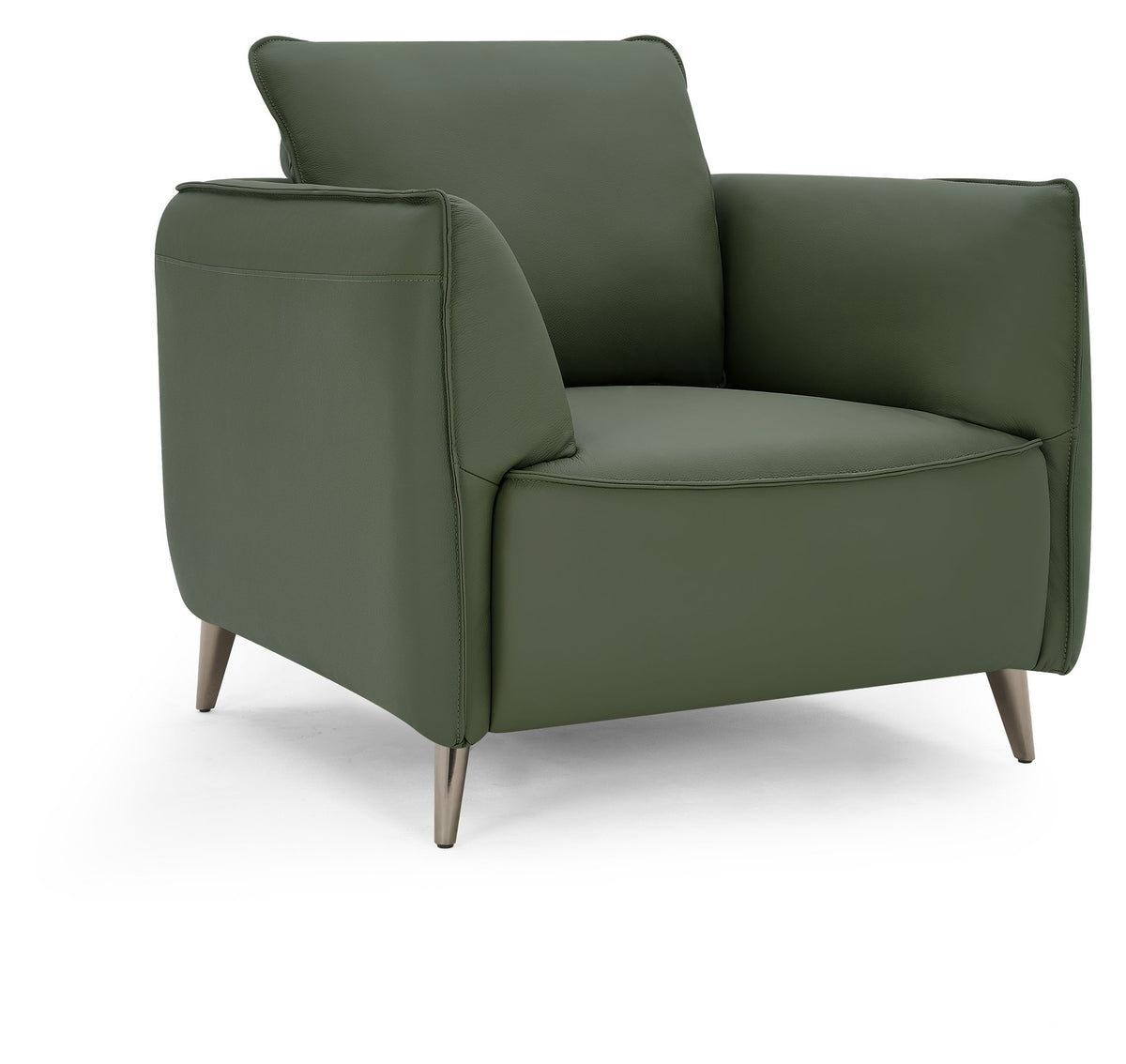 Green leather armchair with cushion back and nickel legs, Bentley Designs lounge chair featuring a stylish and comfortable design.