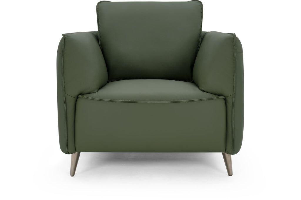 Green leather cushion back armchair with nickel legs from Bentley Designs, stylish easy chair for lounge or living room.