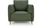 Green leather cushion back armchair with nickel legs from Bentley Designs, stylish easy chair for lounge or living room.