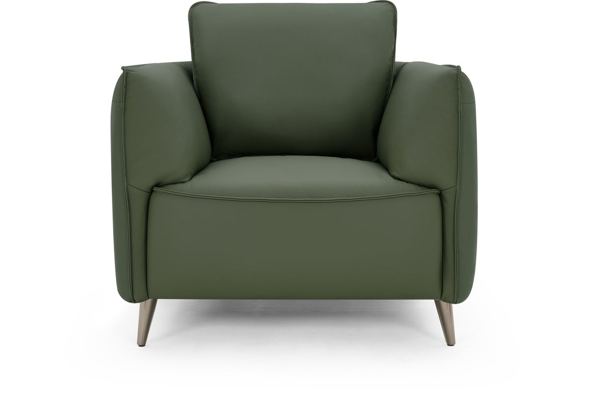 Green leather cushion back armchair with nickel legs from Bentley Designs, stylish easy chair for lounge or living room.