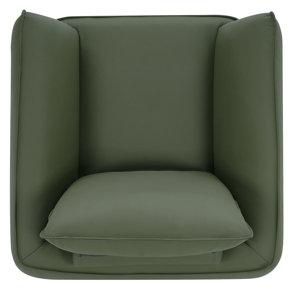 Green leather armchair with cushion back and nickel legs, stylish lounge chair from Bentley Designs.