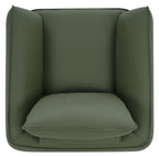 Green leather armchair with cushion back and nickel legs, stylish lounge chair from Bentley Designs.